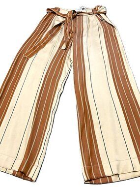 OSCAR The Collection Wide Leg Striped Pants High Waist Belted Camel Beige EU36